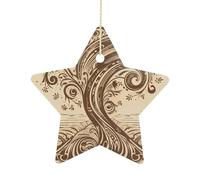 2.7 Inch Ceramic Christmas Star Ornament - Brown Pattern Tree Double-Sided Printed Porcelain Tree Hanging Decor with Gold String, Vintage Holiday Decoration for Xmas Tree, Mantel, Gift