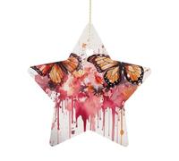 2.7 Inch Ceramic Christmas Star Ornament - Butterfly Drip Spray Watercolor Double-Sided Printed Porcelain Tree Hanging Decor with Gold String, Vintage Holiday Decoration for Xmas Tree, Mantel, Gift