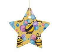 2.7 Inch Ceramic Christmas Star Ornament - Cartoon Bee Pattern Double-Sided Printed Porcelain Tree Hanging Decor with Gold String, Vintage Holiday Decoration for Xmas Tree, Mantel, Gift