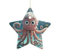 2.7 Inch Ceramic Christmas Star Ornament - Cartoon Octopus Double-Sided Printed Porcelain Tree Hanging Decor with Gold String, Vintage Holiday Decoration for Xmas Tree, Mantel, Gift