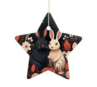 2.7 Inch Ceramic Christmas Star Ornament - Cartoon Rabbit Couple Double-Sided Printed Porcelain Tree Hanging Decor with Gold String, Vintage Holiday Decoration for Xmas Tree, Mantel, Gift