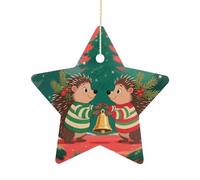 2.7 Inch Ceramic Christmas Star Ornament - Christmas Hedgehogs Double-Sided Printed Porcelain Tree Hanging Decor with Gold String, Vintage Holiday Decoration for Xmas Tree, Mantel, Gift