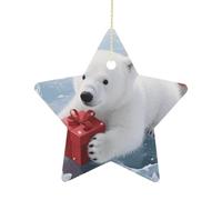 2.7 Inch Ceramic Christmas Star Ornament - Christmas Polarbear Double-Sided Printed Porcelain Tree Hanging Decor with Gold String, Vintage Holiday Decoration for Xmas Tree, Mantel, Gift