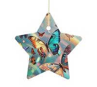 2.7 Inch Ceramic Christmas Star Ornament - Color Butterfly Background Double-Sided Printed Porcelain Tree Hanging Decor with Gold String, Vintage Holiday Decoration for Xmas Tree, Mantel, Gift
