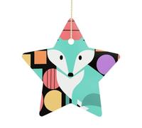 2.7 Inch Ceramic Christmas Star Ornament - Colorful Fox Art Double-Sided Printed Porcelain Tree Hanging Decor with Gold String, Vintage Holiday Decoration for Xmas Tree, Mantel, Gift