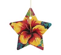 2.7 Inch Ceramic Christmas Star Ornament - Colorful Hibiscus Double-Sided Printed Porcelain Tree Hanging Decor with Gold String, Vintage Holiday Decoration for Xmas Tree, Mantel, Gift