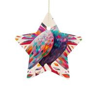 2.7 Inch Ceramic Christmas Star Ornament - Colorful Pigeon Double-Sided Printed Porcelain Tree Hanging Decor with Gold String, Vintage Holiday Decoration for Xmas Tree, Mantel, Gift