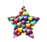 2.7 Inch Ceramic Christmas Star Ornament - Colorful Rainbow Hearts Double-Sided Printed Porcelain Tree Hanging Decor with Gold String, Vintage Holiday Decoration for Xmas Tree, Mantel, Gift