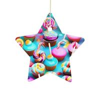 2.7 Inch Ceramic Christmas Star Ornament - Colorful Sweet Lollipop Cupcake Donut Double-Sided Printed Porcelain Tree Hanging Decor with Gold String, Vintage Holiday Decoration for Xmas Tree, Mantel, G