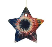 2.7 Inch Ceramic Christmas Star Ornament - Colorful Tie-dye Towels Double-Sided Printed Porcelain Tree Hanging Decor with Gold String, Vintage Holiday Decoration for Xmas Tree, Mantel, Gift