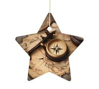 2.7 Inch Ceramic Christmas Star Ornament - Compass and Old World Map Double-Sided Printed Porcelain Tree Hanging Decor with Gold String, Vintage Holiday Decoration for Xmas Tree, Mantel, Gift