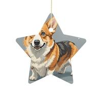 2.7 Inch Ceramic Christmas Star Ornament - Corgi Pattern Corgi Pattern Double-Sided Printed Porcelain Tree Hanging Decor with Gold String, Vintage Holiday Decoration for Xmas Tree, Mantel, Gift