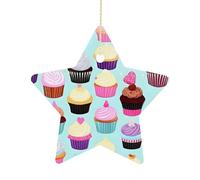2.7 Inch Ceramic Christmas Star Ornament - Cupcake Patterns Double-Sided Printed Porcelain Tree Hanging Decor with Gold String, Vintage Holiday Decoration for Xmas Tree, Mantel, Gift