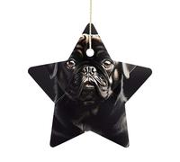2.7 Inch Ceramic Christmas Star Ornament - Cute Black Pug Dog Double-Sided Printed Porcelain Tree Hanging Decor with Gold String, Vintage Holiday Decoration for Xmas Tree, Mantel, Gift