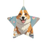 2.7 Inch Ceramic Christmas Star Ornament - Cute Corgi Dog Illustration Double-Sided Printed Porcelain Tree Hanging Decor with Gold String, Vintage Holiday Decoration for Xmas Tree, Mantel, Gift