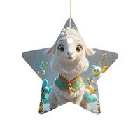 2.7 Inch Ceramic Christmas Star Ornament - Cute Goat Double-Sided Printed Porcelain Tree Hanging Decor with Gold String, Vintage Holiday Decoration for Xmas Tree, Mantel, Gift