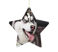 2.7 Inch Ceramic Christmas Star Ornament - Cute Husky Dog Double-Sided Printed Porcelain Tree Hanging Decor with Gold String, Vintage Holiday Decoration for Xmas Tree, Mantel, Gift