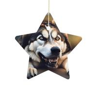 2.7 Inch Ceramic Christmas Star Ornament - Cute Husky Double-Sided Printed Porcelain Tree Hanging Decor with Gold String, Vintage Holiday Decoration for Xmas Tree, Mantel, Gift