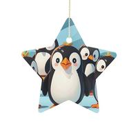 2.7 Inch Ceramic Christmas Star Ornament - Cute Penguins Double-Sided Printed Porcelain Tree Hanging Decor with Gold String, Vintage Holiday Decoration for Xmas Tree, Mantel, Gift