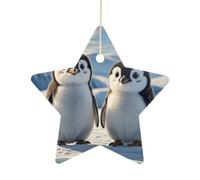 2.7 Inch Ceramic Christmas Star Ornament - Cute Penguins Double-Sided Printed Porcelain Tree Hanging Decor with Gold String, Vintage Holiday Decoration for Xmas Tree, Mantel, Gift