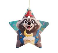 2.7 Inch Ceramic Christmas Star Ornament - Cute Raccoon Double-Sided Printed Porcelain Tree Hanging Decor with Gold String, Vintage Holiday Decoration for Xmas Tree, Mantel, Gift