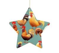 2.7 Inch Ceramic Christmas Star Ornament - Cute Rooster Chickens Double-Sided Printed Porcelain Tree Hanging Decor with Gold String, Vintage Holiday Decoration for Xmas Tree, Mantel, Gift