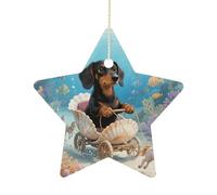 2.7 Inch Ceramic Christmas Star Ornament - Dachshund in Shell Double-Sided Printed Porcelain Tree Hanging Decor with Gold String, Vintage Holiday Decoration for Xmas Tree, Mantel, Gift