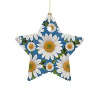 2.7 Inch Ceramic Christmas Star Ornament - Daisy Flower Pattern Double-Sided Printed Porcelain Tree Hanging Decor with Gold String, Vintage Holiday Decoration for Xmas Tree, Mantel, Gift