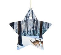 2.7 Inch Ceramic Christmas Star Ornament - Deers Picture Double-Sided Printed Porcelain Tree Hanging Decor with Gold String, Vintage Holiday Decoration for Xmas Tree, Mantel, Gift