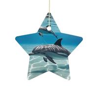 2.7 Inch Ceramic Christmas Star Ornament - Dolphins Double-Sided Printed Porcelain Tree Hanging Decor with Gold String, Vintage Holiday Decoration for Xmas Tree, Mantel, Gift