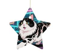 2.7 Inch Ceramic Christmas Star Ornament - Domestic Cat Double-Sided Printed Porcelain Tree Hanging Decor with Gold String, Vintage Holiday Decoration for Xmas Tree, Mantel, Gift