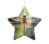 2.7 Inch Ceramic Christmas Star Ornament - Dragonfly Painting Double-Sided Printed Porcelain Tree Hanging Decor with Gold String, Vintage Holiday Decoration for Xmas Tree, Mantel, Gift