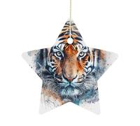 2.7 Inch Ceramic Christmas Star Ornament - Draw A Tiger Face Double-Sided Printed Porcelain Tree Hanging Decor with Gold String, Vintage Holiday Decoration for Xmas Tree, Mantel, Gift