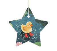 2.7 Inch Ceramic Christmas Star Ornament - Duck in Rainy Pond Double-Sided Printed Porcelain Tree Hanging Decor with Gold String, Vintage Holiday Decoration for Xmas Tree, Mantel, Gift