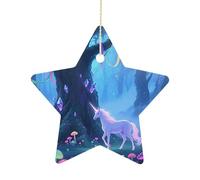 2.7 Inch Ceramic Christmas Star Ornament - Fantasy Forest Double-Sided Printed Porcelain Tree Hanging Decor with Gold String, Vintage Holiday Decoration for Xmas Tree, Mantel, Gift