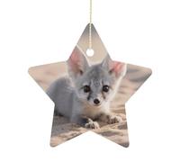 2.7 Inch Ceramic Christmas Star Ornament - Fennec Fox Double-Sided Printed Porcelain Tree Hanging Decor with Gold String, Vintage Holiday Decoration for Xmas Tree, Mantel, Gift