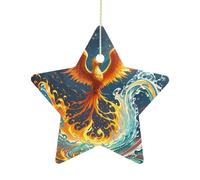 2.7 Inch Ceramic Christmas Star Ornament - Fire and Water Phoenix Double-Sided Printed Porcelain Tree Hanging Decor with Gold String, Vintage Holiday Decoration for Xmas Tree, Mantel, Gift
