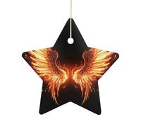 2.7 Inch Ceramic Christmas Star Ornament - Fire Angle Wings Double-Sided Printed Porcelain Tree Hanging Decor with Gold String, Vintage Holiday Decoration for Xmas Tree, Mantel, Gift