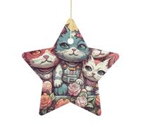 2.7 Inch Ceramic Christmas Star Ornament - Floral Punk Style Double-Sided Printed Porcelain Tree Hanging Decor with Gold String, Vintage Holiday Decoration for Xmas Tree, Mantel, Gift
