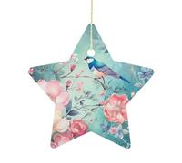 2.7 Inch Ceramic Christmas Star Ornament - Flower and Bird Style Double-Sided Printed Porcelain Tree Hanging Decor with Gold String, Vintage Holiday Decoration for Xmas Tree, Mantel, Gift