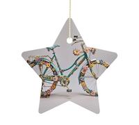 2.7 Inch Ceramic Christmas Star Ornament - Flower Bicycle Double-Sided Printed Porcelain Tree Hanging Decor with Gold String, Vintage Holiday Decoration for Xmas Tree, Mantel, Gift