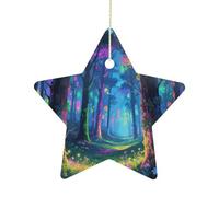 2.7 Inch Ceramic Christmas Star Ornament - Fluorescent Forest Double-Sided Printed Porcelain Tree Hanging Decor with Gold String, Vintage Holiday Decoration for Xmas Tree, Mantel, Gift