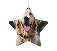 2.7 Inch Ceramic Christmas Star Ornament - Funny Golden Retriever Double-Sided Printed Porcelain Tree Hanging Decor with Gold String, Vintage Holiday Decoration for Xmas Tree, Mantel, Gift