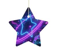 2.7 Inch Ceramic Christmas Star Ornament - Galaxy Space Double-Sided Printed Porcelain Tree Hanging Decor with Gold String, Vintage Holiday Decoration for Xmas Tree, Mantel, Gift