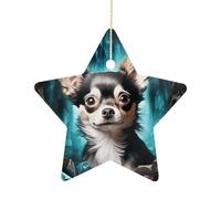 2.7 Inch Ceramic Christmas Star Ornament - Gem Cave Chihuahua Double-Sided Printed Porcelain Tree Hanging Decor with Gold String, Vintage Holiday Decoration for Xmas Tree, Mantel, Gift