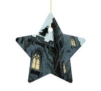 2.7 Inch Ceramic Christmas Star Ornament - Ghost Castle Double-Sided Printed Porcelain Tree Hanging Decor with Gold String, Vintage Holiday Decoration for Xmas Tree, Mantel, Gift