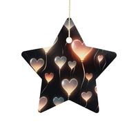 2.7 Inch Ceramic Christmas Star Ornament - Glowing Heart Love Double-Sided Printed Porcelain Tree Hanging Decor with Gold String, Vintage Holiday Decoration for Xmas Tree, Mantel, Gift