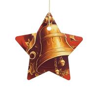 2.7 Inch Ceramic Christmas Star Ornament - Golden Bell Double-Sided Printed Porcelain Tree Hanging Decor with Gold String, Vintage Holiday Decoration for Xmas Tree, Mantel, Gift