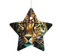 2.7 Inch Ceramic Christmas Star Ornament - Green Eyed Leopard Painting Double-Sided Printed Porcelain Tree Hanging Decor with Gold String, Vintage Holiday Decoration for Xmas Tree, Mantel, Gift