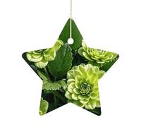 2.7 Inch Ceramic Christmas Star Ornament - Green Floral Double-Sided Printed Porcelain Tree Hanging Decor with Gold String, Vintage Holiday Decoration for Xmas Tree, Mantel, Gift